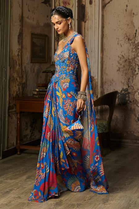 Diyarajvvir_Blue Crepe Embroidery Featherfall Printed Pre-draped Saree With Blouse _Online_at_Aza_Fashions