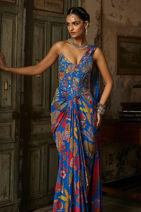 Shop_Diyarajvvir_Blue Crepe Embroidery Featherfall Printed Pre-draped Saree With Blouse _Online_at_Aza_Fashions