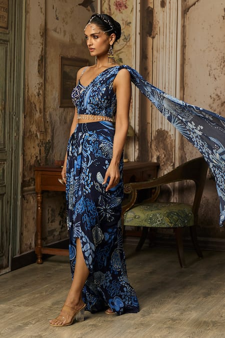 Buy_Diyarajvvir_Blue Georgette, Crepe Beads, Tassels One Shoulder Printed Blouse And Skirt Set _Online_at_Aza_Fashions