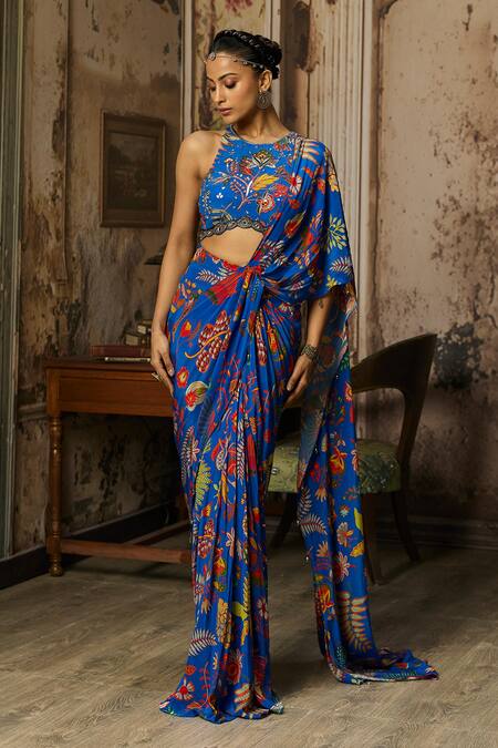 Buy_Diyarajvvir_Blue Crepe Embroidery Halter Neck Printed Draped Saree And Blouse Set _Online_at_Aza_Fashions