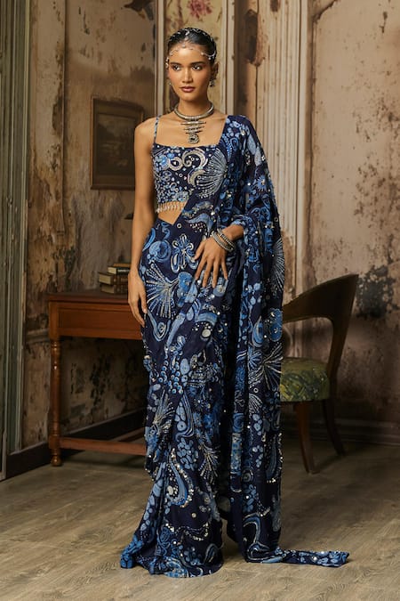 Diyarajvvir_Blue Georgette, Crepe Sequins, Beads Square Neck Printed Saree And Blouse Set _Online_at_Aza_Fashions