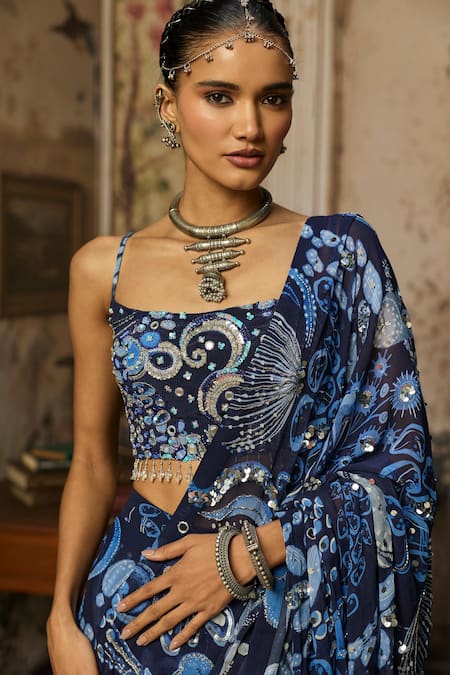 Buy_Diyarajvvir_Blue Georgette, Crepe Sequins, Beads Square Neck Printed Saree And Blouse Set _Online_at_Aza_Fashions