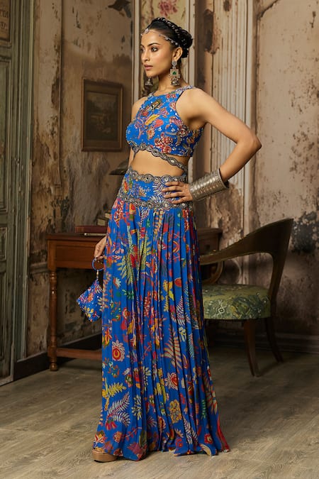 Diyarajvvir_Blue Georgette, Crepe Embroidery Halter Neck Printed Blouse Sharara Set _Online_at_Aza_Fashions