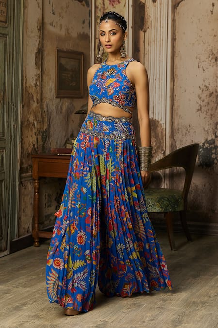 Buy_Diyarajvvir_Blue Georgette, Crepe Embroidery Halter Neck Printed Blouse Sharara Set _Online_at_Aza_Fashions