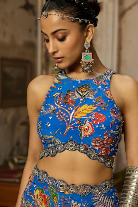 Shop_Diyarajvvir_Blue Georgette, Crepe Embroidery Halter Neck Printed Blouse Sharara Set _Online_at_Aza_Fashions