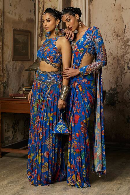 Diyarajvvir_Blue Georgette, Crepe Embroidery Halter Neck Printed Blouse Sharara Set _at_Aza_Fashions