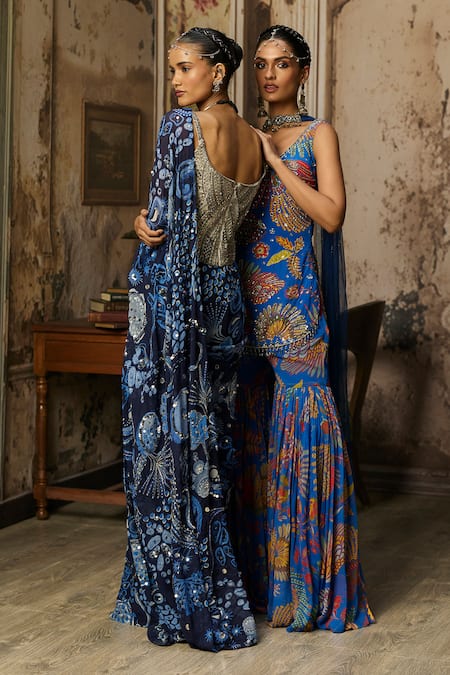 Buy_Diyarajvvir_Blue Georgette, Tulle Embroidery, Sequins, Printed Saree And Corset Blouse Set _Online_at_Aza_Fashions