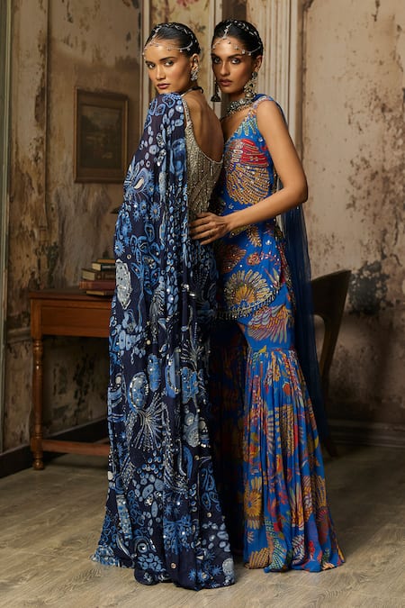 Shop_Diyarajvvir_Blue Georgette, Tulle Embroidery, Sequins, Printed Saree And Corset Blouse Set _Online_at_Aza_Fashions