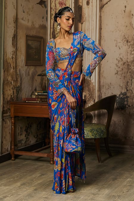 Diyarajvvir Floral Print Pant Saree With Blouse 