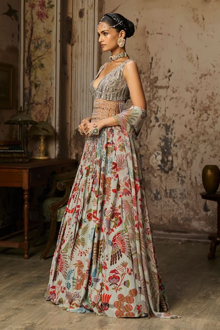 Diyarajvvir_Grey Crepe, Tulle, Georgette Tassels Floral Print Lehenga Set _Online_at_Aza_Fashions