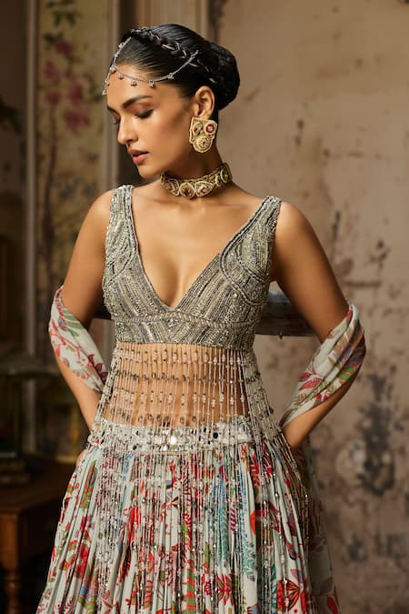 Buy_Diyarajvvir_Grey Crepe, Tulle, Georgette Tassels Floral Print Lehenga Set _Online_at_Aza_Fashions