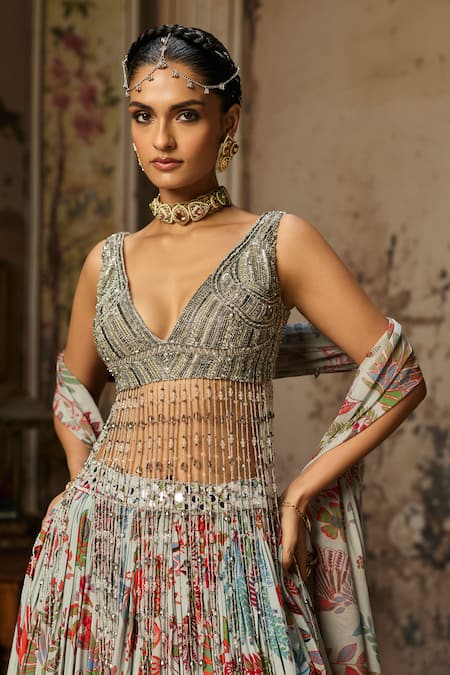 Shop_Diyarajvvir_Grey Crepe, Tulle, Georgette Tassels Floral Print Lehenga Set _Online_at_Aza_Fashions