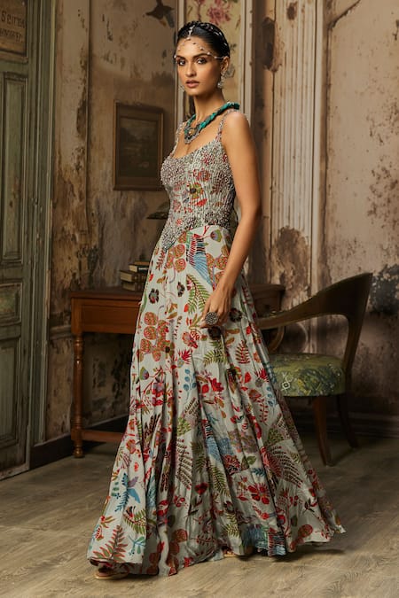 Diyarajvvir_Grey Crepe Sequins, Beads, Stones Scoop Neck Printed Corset Gown _Online_at_Aza_Fashions