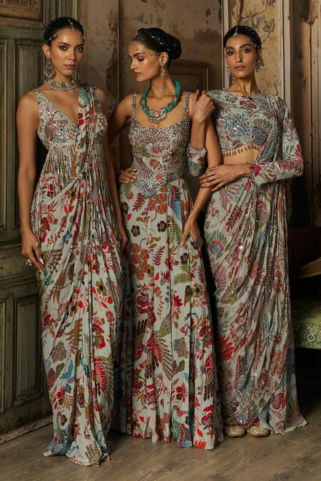 Shop_Diyarajvvir_Grey Crepe Sequins, Beads, Stones Scoop Neck Printed Corset Gown _Online_at_Aza_Fashions