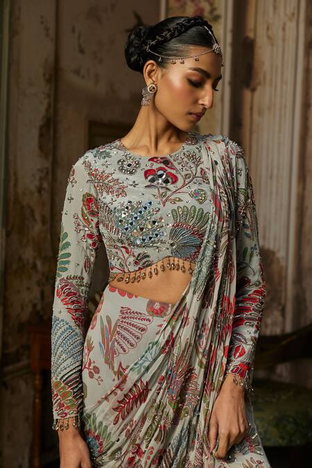 Shop_Diyarajvvir_Grey Georgette, Crepe Stones, Sequins, Printed Pre-draped Saree And Blouse Set _Online_at_Aza_Fashions