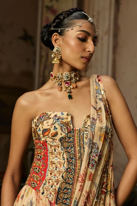 Diyarajvvir_Beige Georgette, Crepe Embroidery, Tiered Printed Pre-draped Saree With Blouse _Online_at_Aza_Fashions