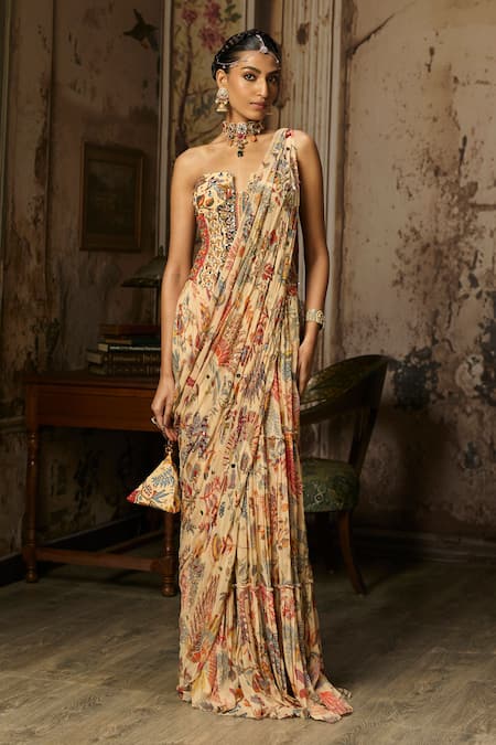 Buy_Diyarajvvir_Beige Georgette, Crepe Embroidery, Tiered Printed Pre-draped Saree With Blouse _Online_at_Aza_Fashions