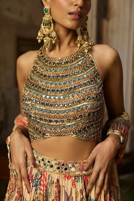 Diyarajvvir_Beige Georgette, Crepe, Tulle Beads, Mirrors, Embroidered Blouse Lehenga Set _Online_at_Aza_Fashions