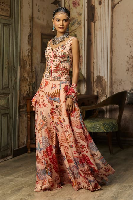 Buy_Diyarajvvir_Pink Organza, Crepe Embroidery, Tassels Featherfall Printed Top Flared Pant Set _Online_at_Aza_Fashions