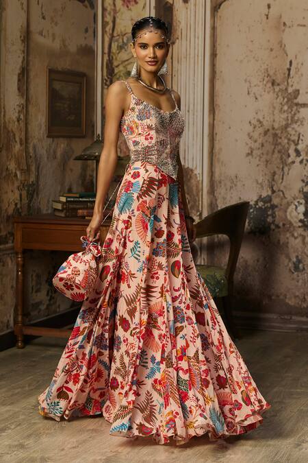 Shop_Diyarajvvir_Pink Crepe Sequins, Beads Scoop Neck Featherfall Print Gown _Online_at_Aza_Fashions