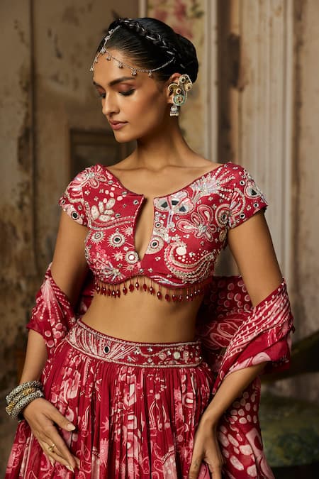 Buy_Diyarajvvir_Maroon Organza, Crepe Beads, Tassels Keyhole Neck Floral Print Lehenga Set_Online_at_Aza_Fashions