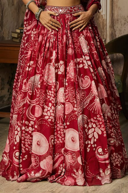 Shop_Diyarajvvir_Maroon Organza, Crepe Beads, Tassels Keyhole Neck Floral Print Lehenga Set_Online_at_Aza_Fashions
