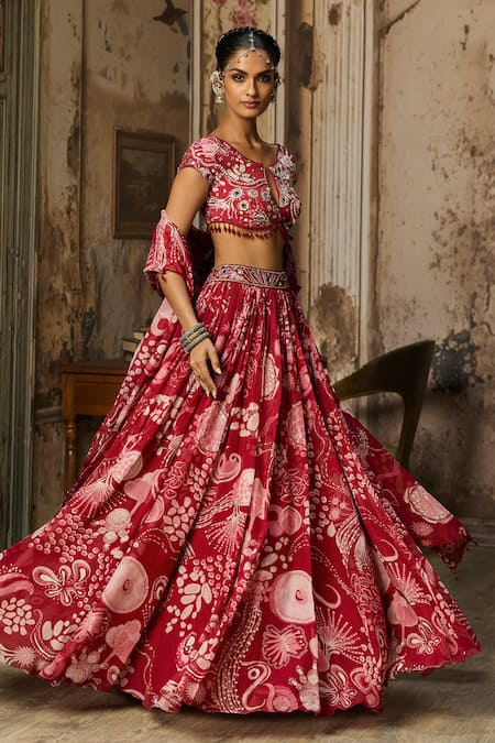 Diyarajvvir_Maroon Organza, Crepe Beads, Tassels Keyhole Neck Floral Print Lehenga Set_at_Aza_Fashions