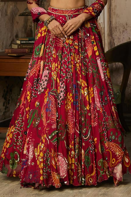 Diyarajvvir_Red Georgette, Crepe Sequins, Mirrors, Tassels Florette Print Lehenga Set _Online_at_Aza_Fashions