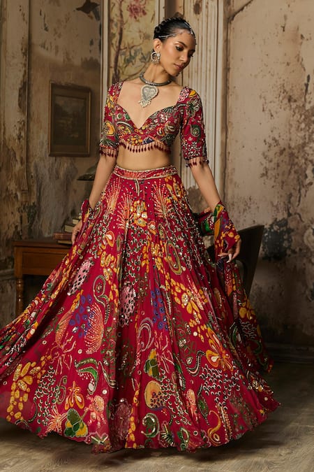 Buy_Diyarajvvir_Red Georgette, Crepe Sequins, Mirrors, Tassels Florette Print Lehenga Set _Online_at_Aza_Fashions