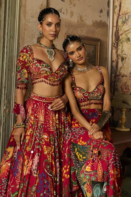 Diyarajvvir_Red Georgette, Crepe Sequins, Mirrors, Tassels Florette Print Lehenga Set _at_Aza_Fashions