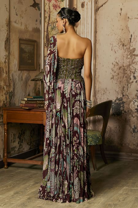 Diyarajvvir Floral Print & Embroidered Saree Gown With Drape 