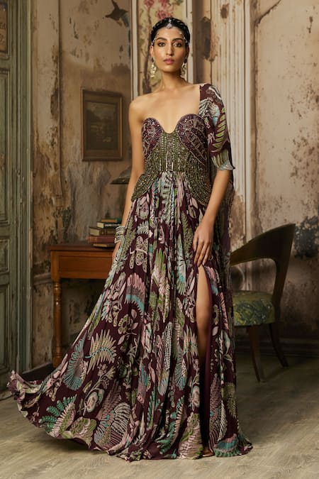 Diyarajvvir Floral Print & Embroidered Saree Gown With Drape 