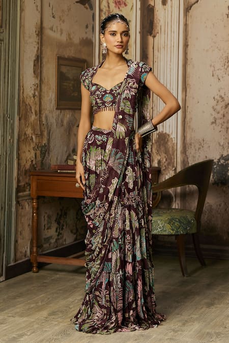 Diyarajvvir Featherfall Print Pre-Draped Saree With Blouse 