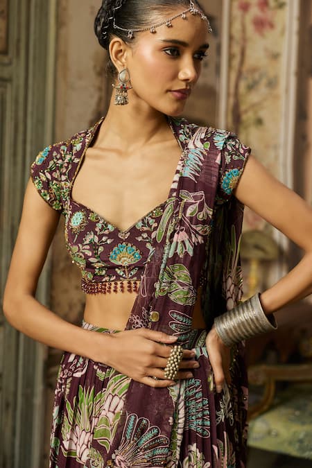 Diyarajvvir_Purple Georgette, Crepe Featherfall Print Pre-draped Saree With Blouse _Online_at_Aza_Fashions