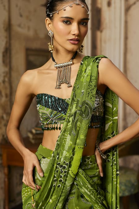 Shop_Diyarajvvir_Green Georgette, Crepe Beads, Tassels Printed Pre-draped Saree With Blouse _Online_at_Aza_Fashions