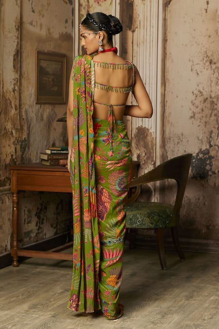 Diyarajvvir Floral Stripe Print Pre-Draped Skirt Saree With Blouse 