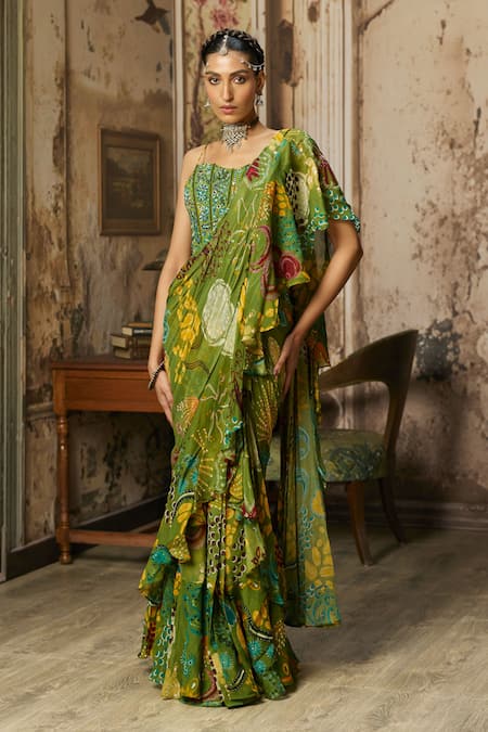 Diyarajvvir Abstract Print Pre-Draped Ruffle Saree Set 