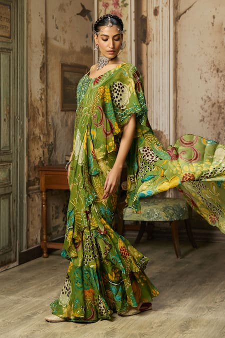 Diyarajvvir_Green Organza, Georgette, Crepe Ruffles Abstract Print Pre-draped Saree Set _Online_at_Aza_Fashions