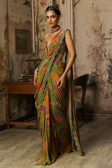 Diyarajvvir_Green Crepe Embroidery, Mirrors, Printed Pre-draped Dhoti Saree With Blouse _Online_at_Aza_Fashions