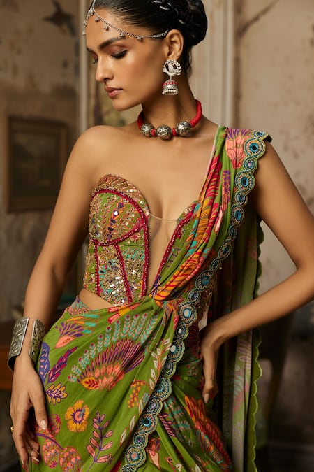 Shop_Diyarajvvir_Green Crepe Embroidery, Mirrors, Printed Pre-draped Dhoti Saree With Blouse _Online_at_Aza_Fashions