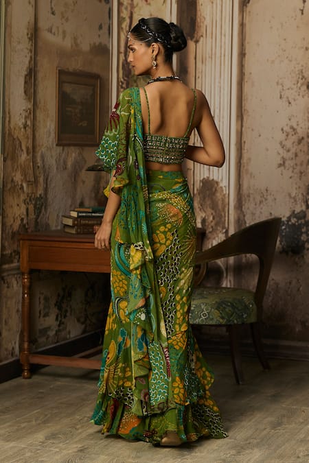 Diyarajvvir Ruffle Printed Pre-Draped Saree & Blouse Set 