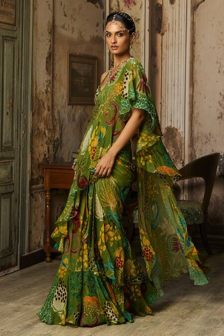 Diyarajvvir Green Organza, Georgette, Tulle Ruffles, Printed Pre-draped Saree And Blouse Set Online at Aza Fashions Diyarajvvir_Green Organza, Georgette, Tulle Ruffles, Printed Pre-draped Saree And Blouse Set _Online_at_Aza_Fashions
