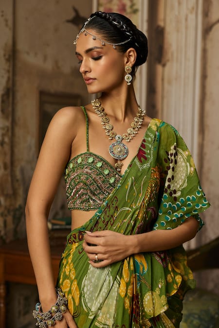Buy Diyarajvvir Green Organza, Georgette, Tulle Ruffles, Printed Pre-draped Saree And Blouse Set Online at Aza Fashions Buy_Diyarajvvir_Green Organza, Georgette, Tulle Ruffles, Printed Pre-draped Saree And Blouse Set _Online_at_Aza_Fashions