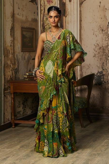 Diyarajvvir Ruffle Printed Pre-Draped Saree & Blouse Set 