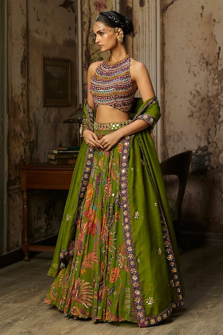 Buy_Diyarajvvir_Green Organza, Georgette, Tulle Embroidery, Mirrors Printed Pleated Lehenga Set_Online_at_Aza_Fashions