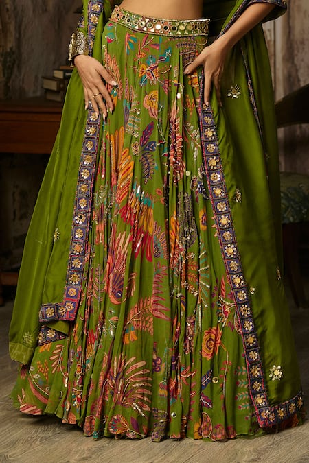 Shop_Diyarajvvir_Green Organza, Georgette, Tulle Embroidery, Mirrors Printed Pleated Lehenga Set_Online_at_Aza_Fashions