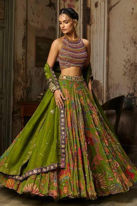 Diyarajvvir_Green Organza, Georgette, Tulle Embroidery, Mirrors Printed Pleated Lehenga Set_at_Aza_Fashions