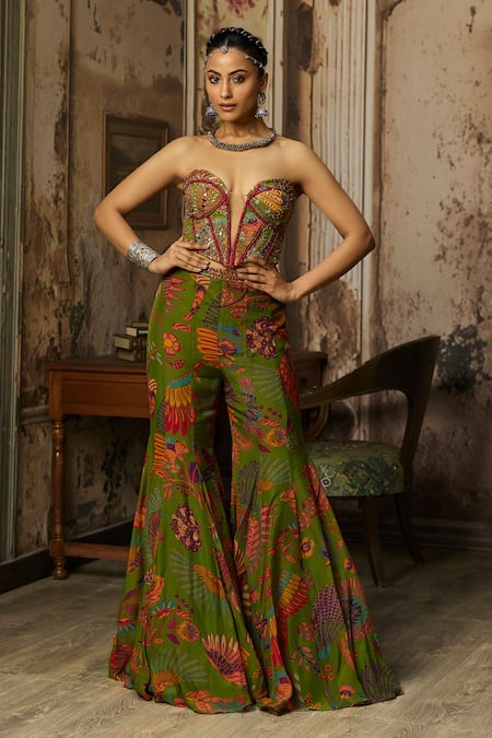 Diyarajvvir Featherfall Printed Corset & Bell Bottom Pant Set 