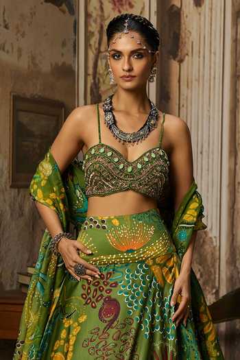 Diyarajvvir_Green Organza, Satin, Tulle, Bemberg Embroidery, Beads, Floral Print Lehenga Set_Online_at_Aza_Fashions