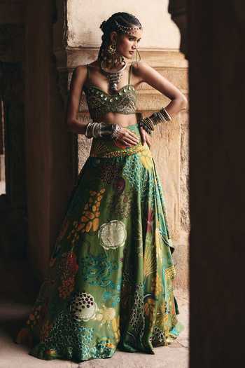 Buy_Diyarajvvir_Green Organza, Satin, Tulle, Bemberg Embroidery, Beads, Floral Print Lehenga Set_Online_at_Aza_Fashions